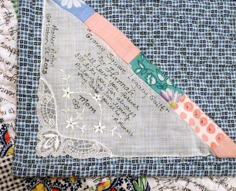 Quilt label made from vintage handkerchief