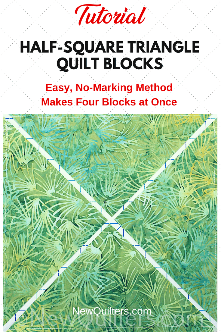 An easy way to make four half-square triangle quilt blocks from two fabric squares. No marking needed. #halfsquare triangleblocks, #halfsquaretriangleblockshowtomake, #halfsquaretriangleblockssimple